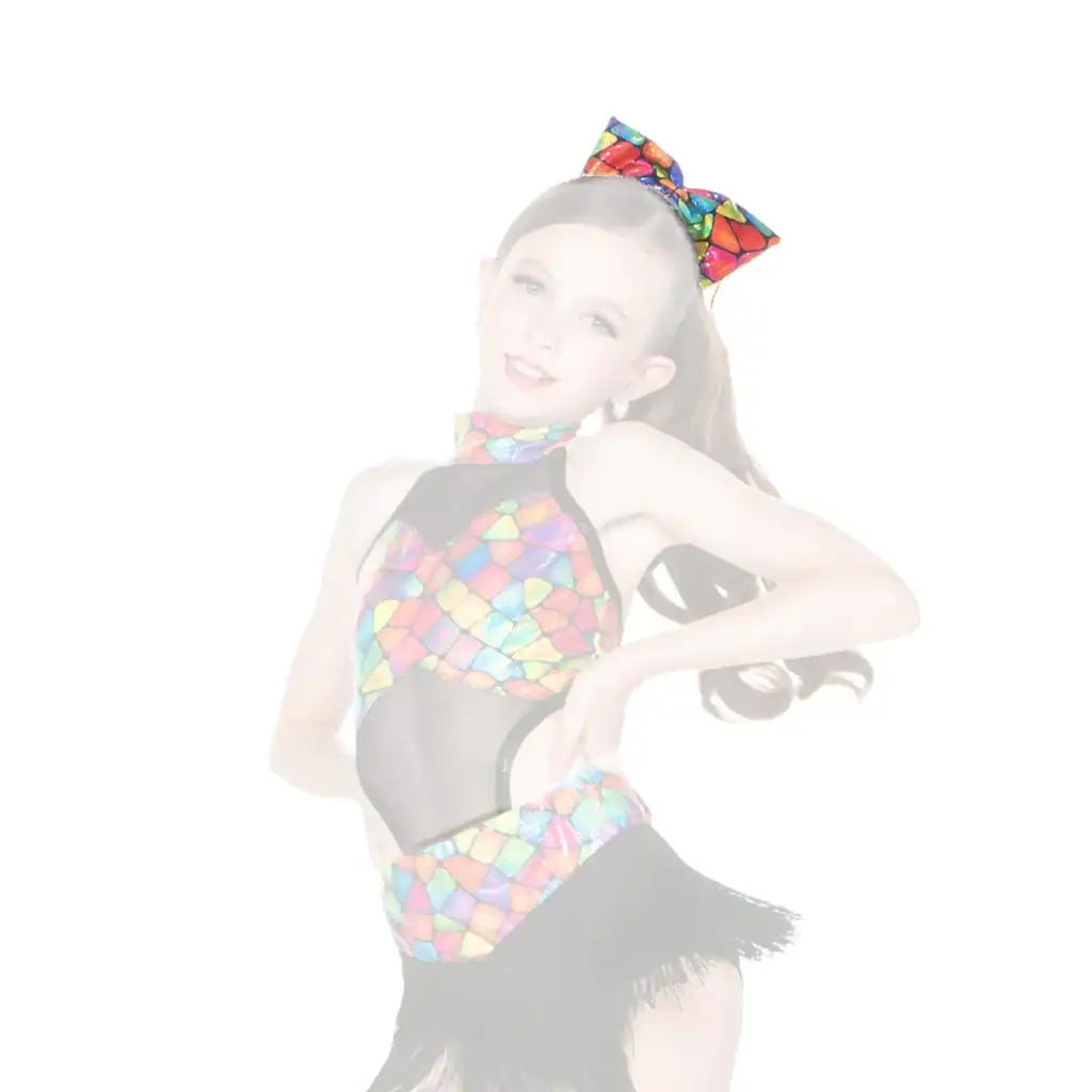 Young dancer in colorful mosaic costume with black fringe