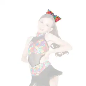 Young dancer in colorful mosaic costume with black fringe