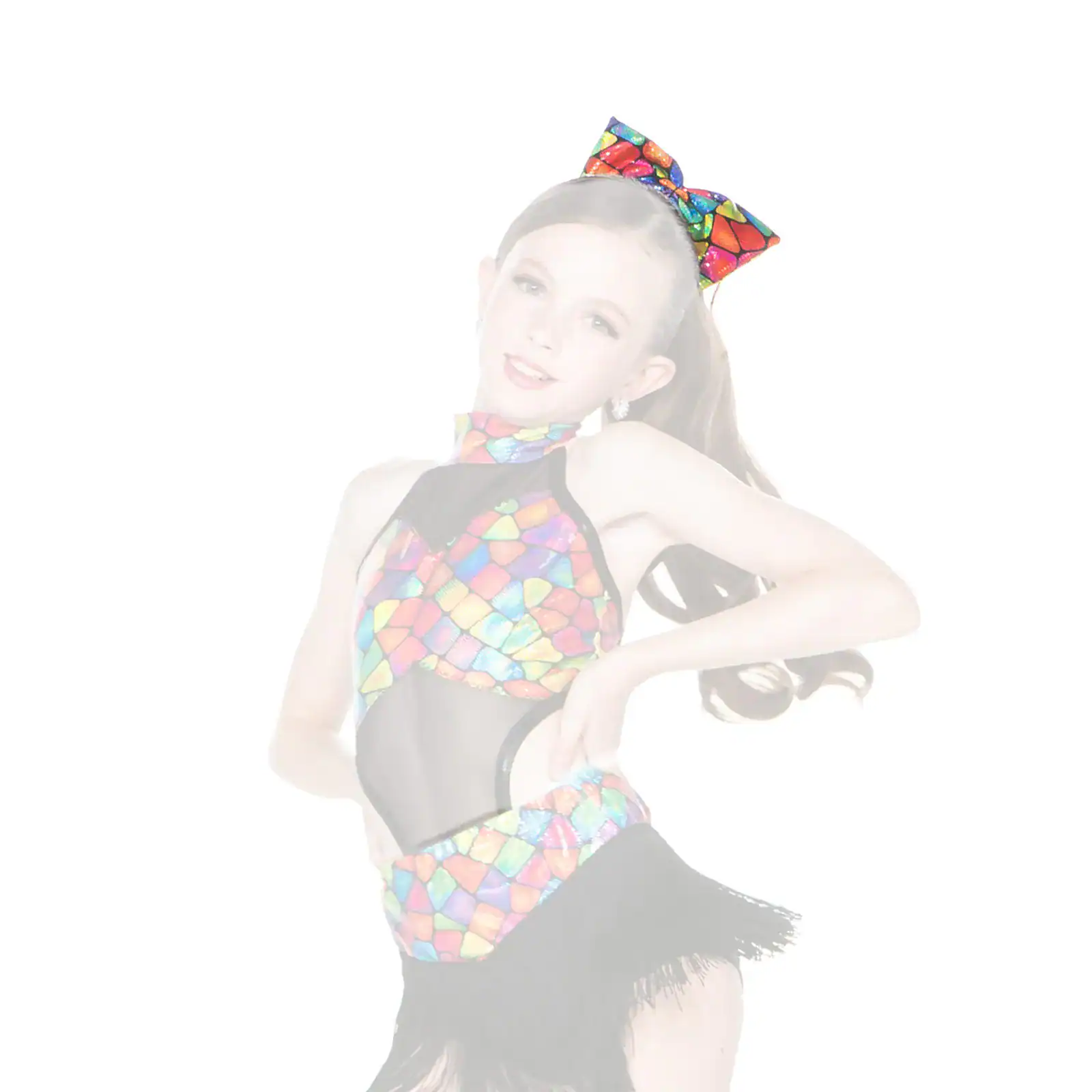 Young dancer in colorful mosaic costume with black fringe