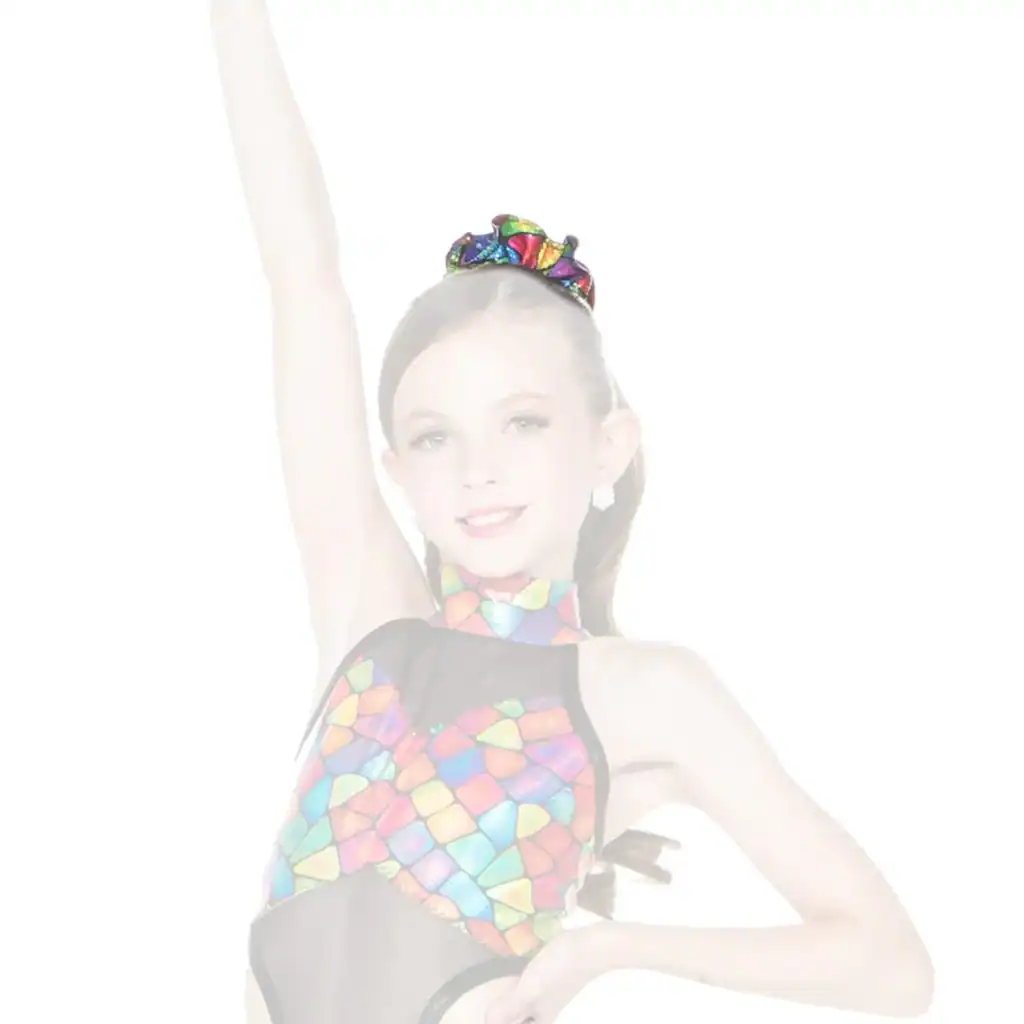 Young dancer in colorful costume posing with raised arm