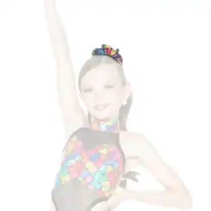 Young dancer in colorful costume posing with raised arm
