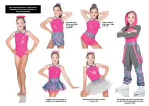 Girl models versatile fluorescent pink dance bodysuit outfits.