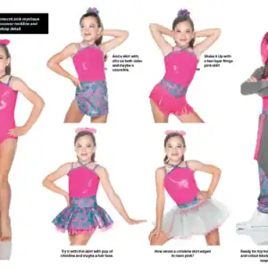 Girl models versatile fluorescent pink dance bodysuit outfits.