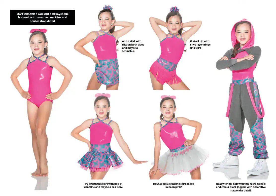Girl models versatile fluorescent pink dance bodysuit outfits.
