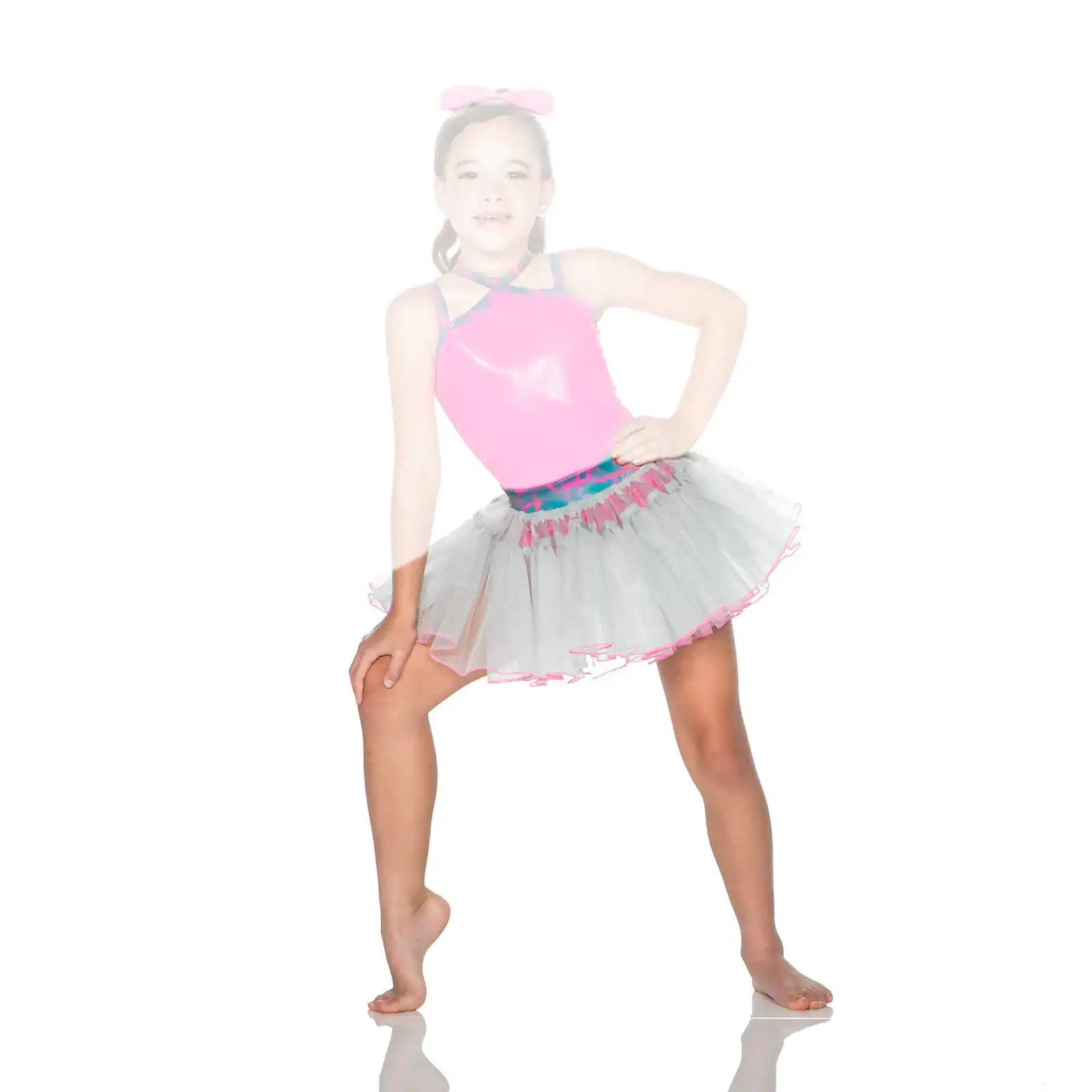 Young girl posing in pink leotard and gray tutu