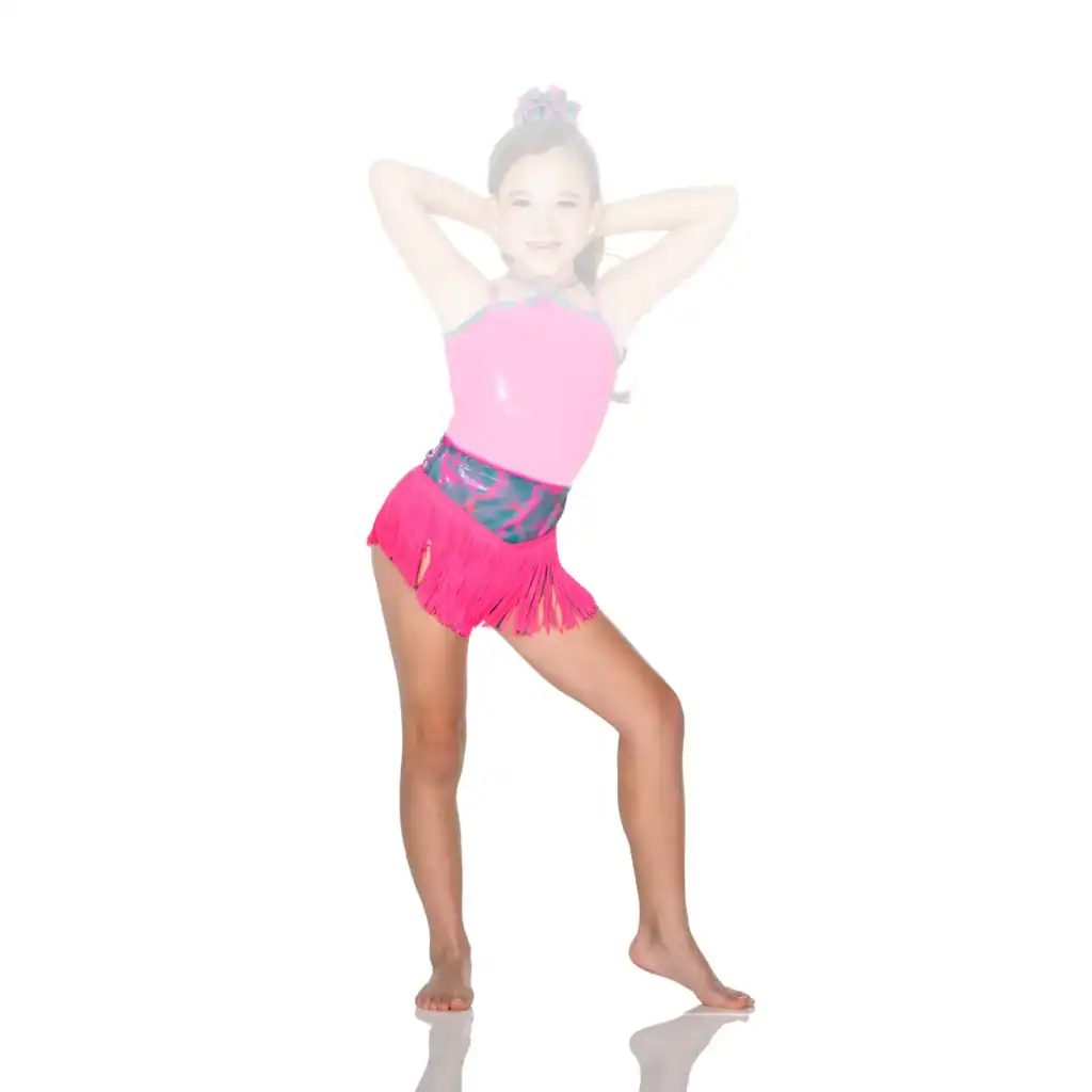 Young dancer posing in a bright pink fringe costume