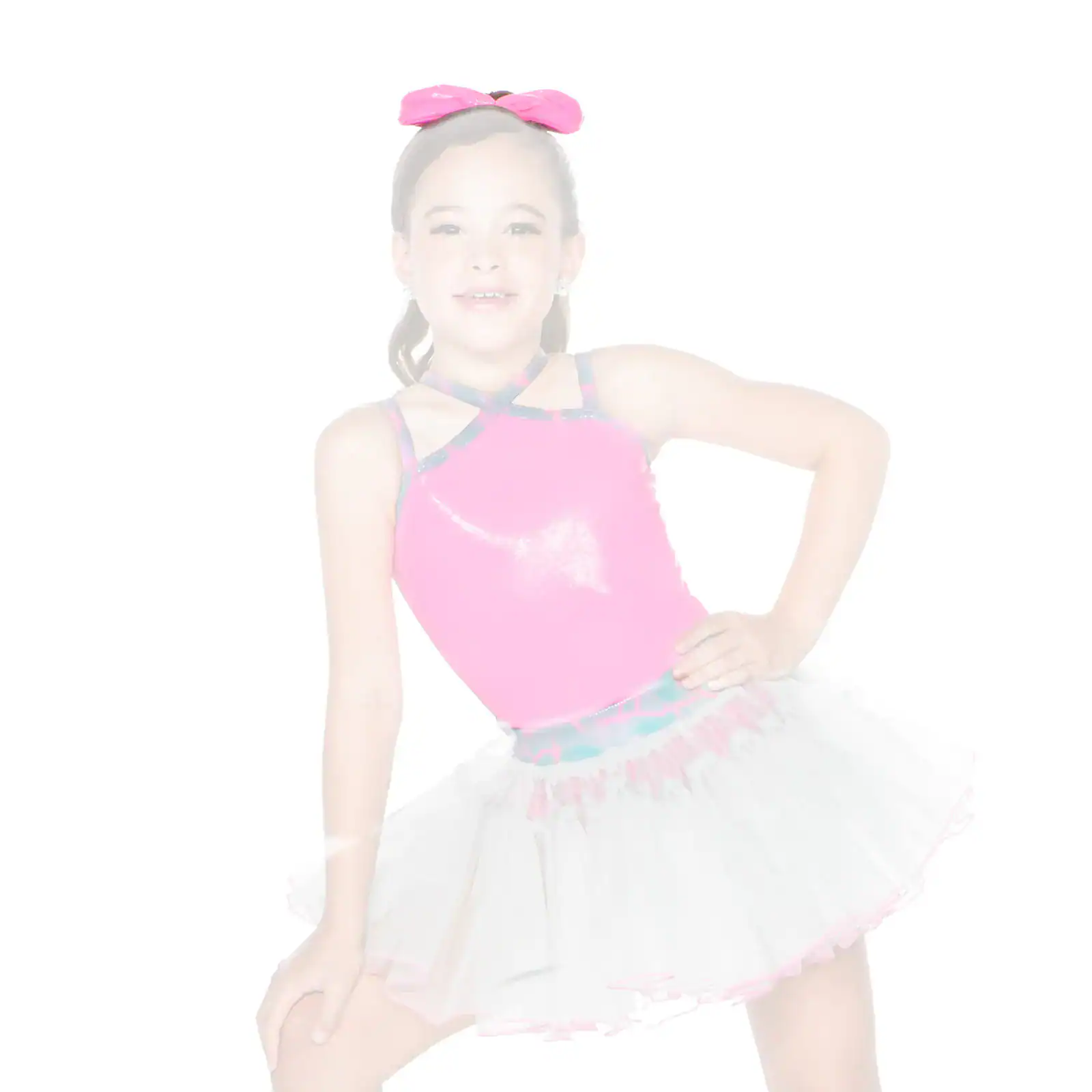 Young dancer in pink costume with bow and tutu