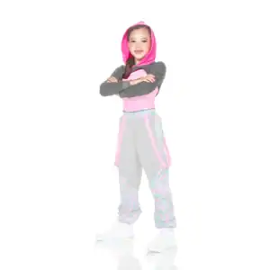 Smiling girl wearing pink hooded dance outfit