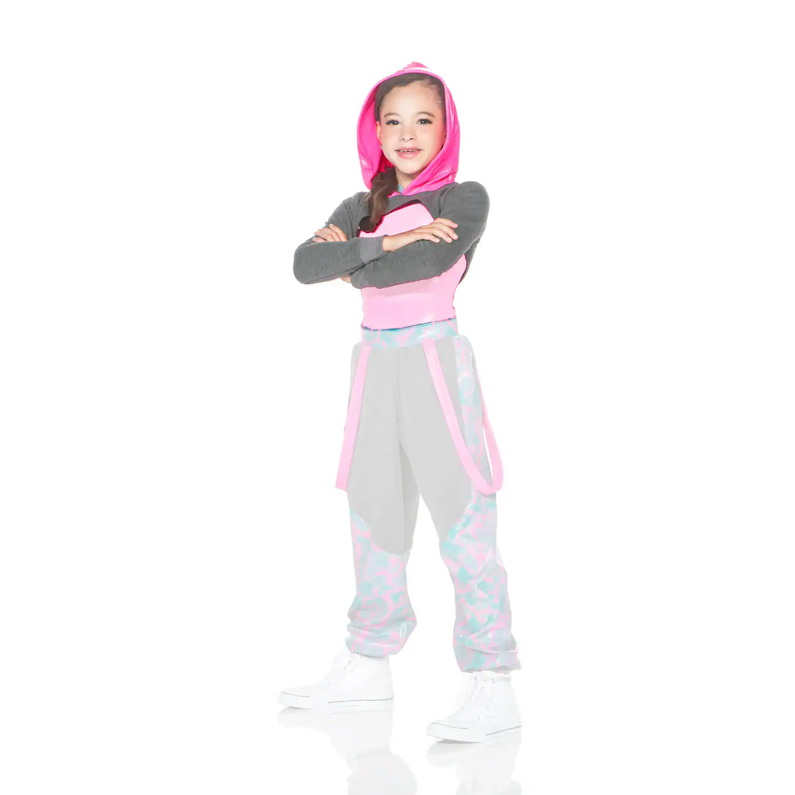 Smiling girl wearing pink hooded dance outfit