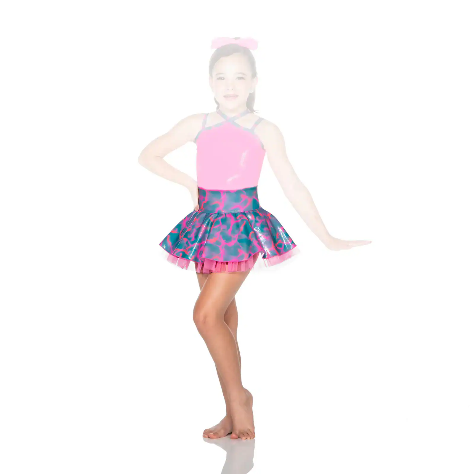 Young dancer wearing a pink and teal costume