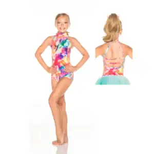 Girl modeling colorful dance leotard with open back and tutu