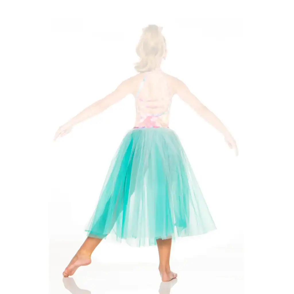 Girl wearing turquoise tulle skirt, viewed from behind
