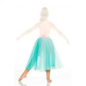 Girl wearing turquoise tulle skirt, viewed from behind