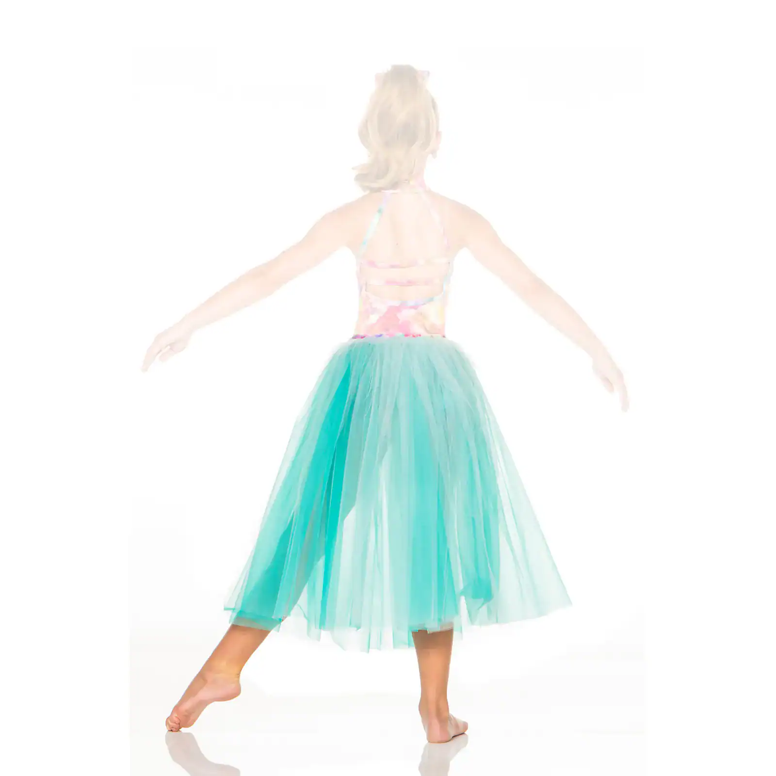 Girl wearing turquoise tulle skirt, viewed from behind