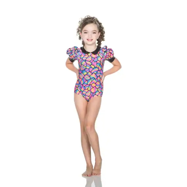 Girl wearing colorful patterned leotard with puff sleeves