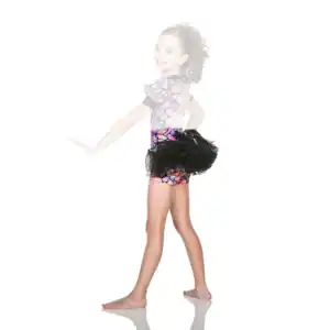 Young dancer wearing colorful leotard and black tutu
