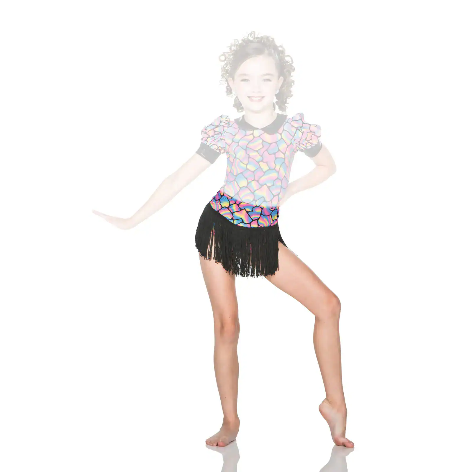 Young dancer in colorful patterned costume with black fringe