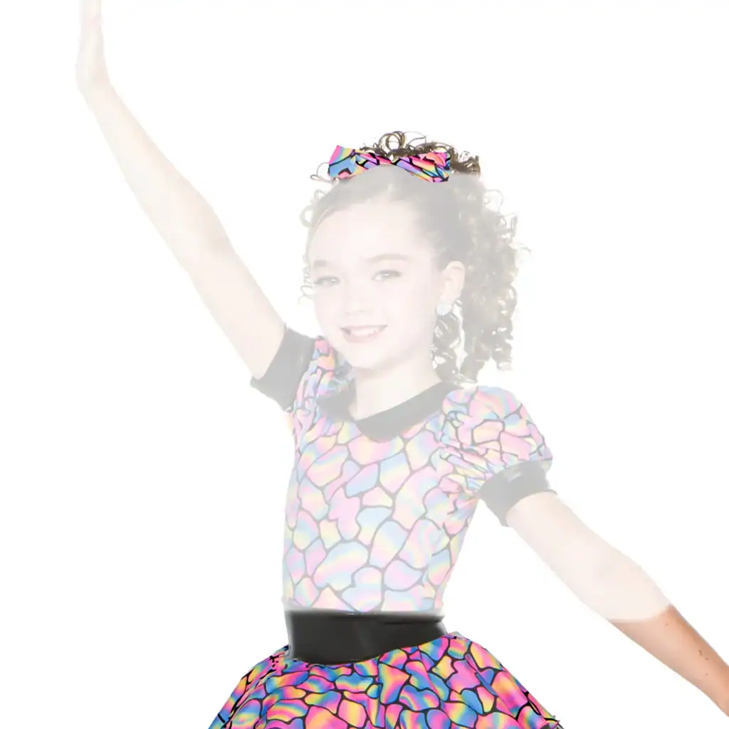 Young dancer in colorful costume posing with raised arm