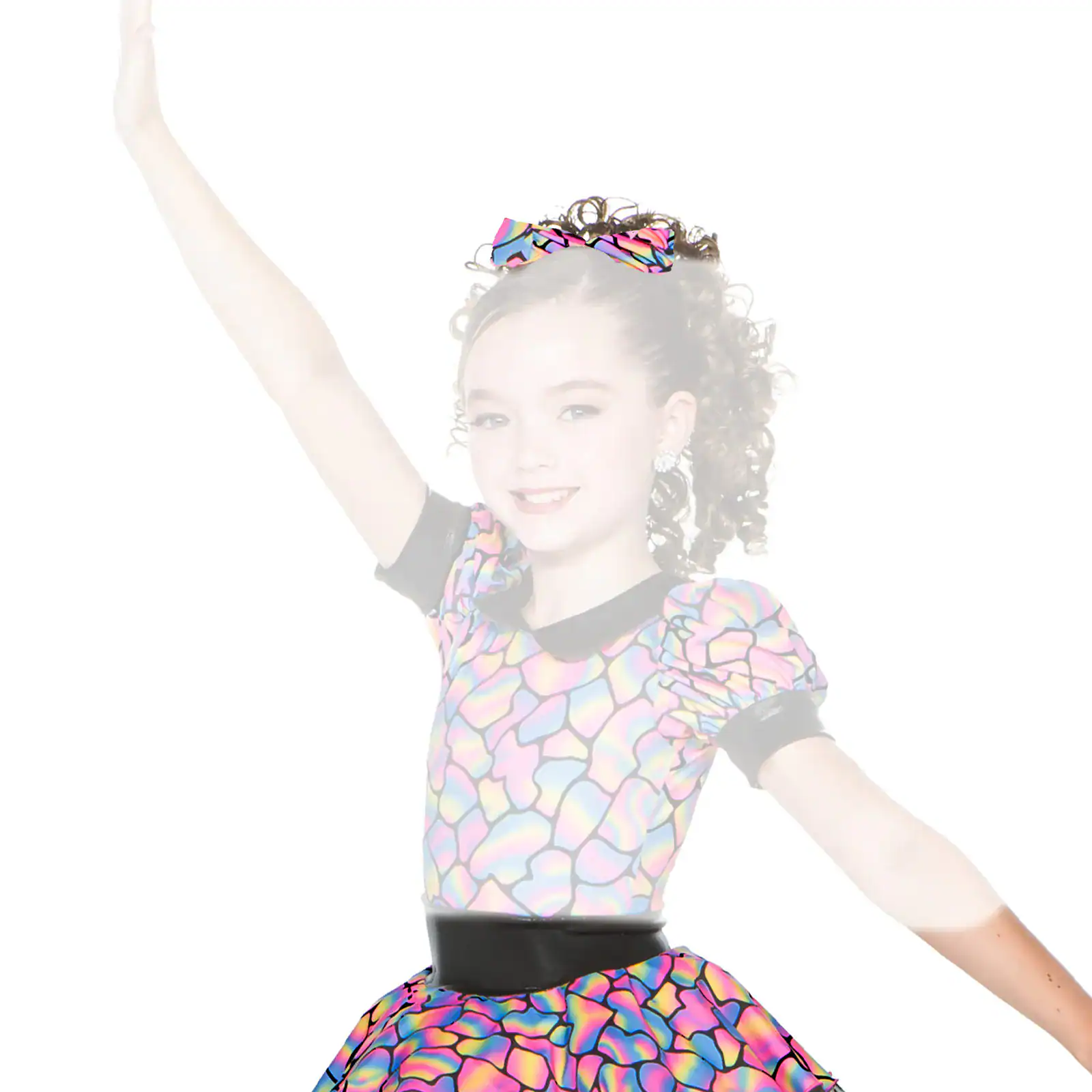Young dancer in colorful costume posing with raised arm