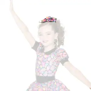 Young dancer in colorful costume raising her arm