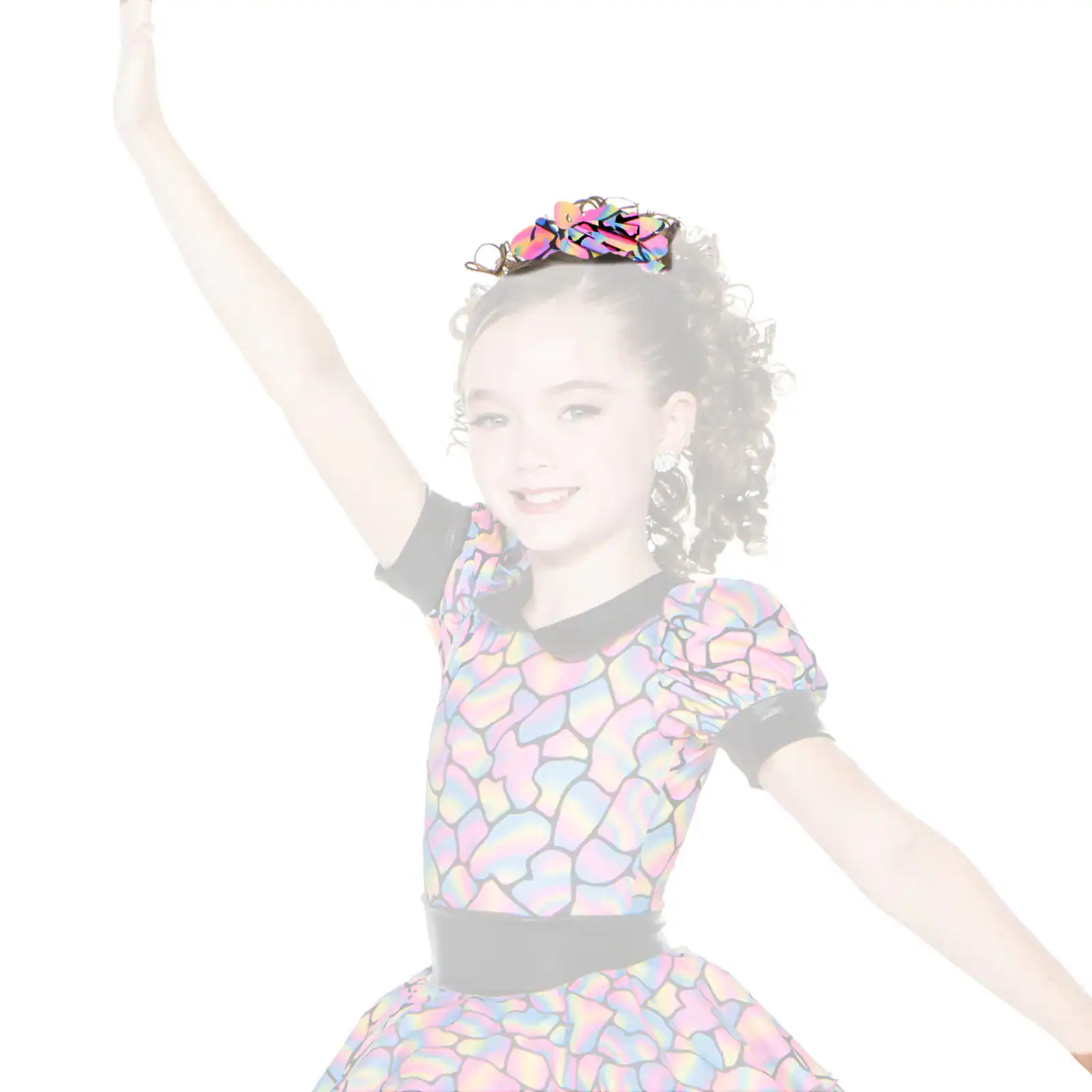 Young dancer in colorful costume raising her arm