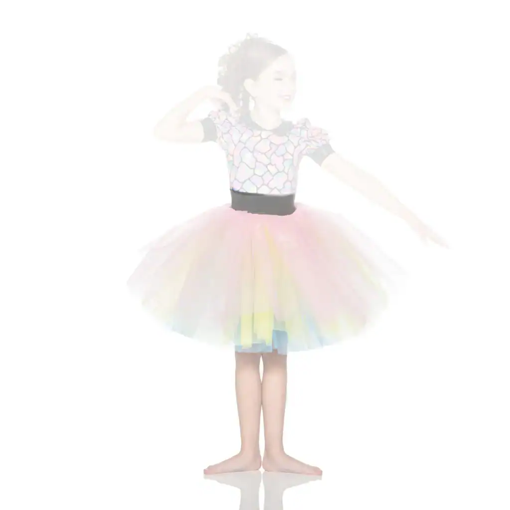 Girl wearing colorful tutu and patterned dance costume