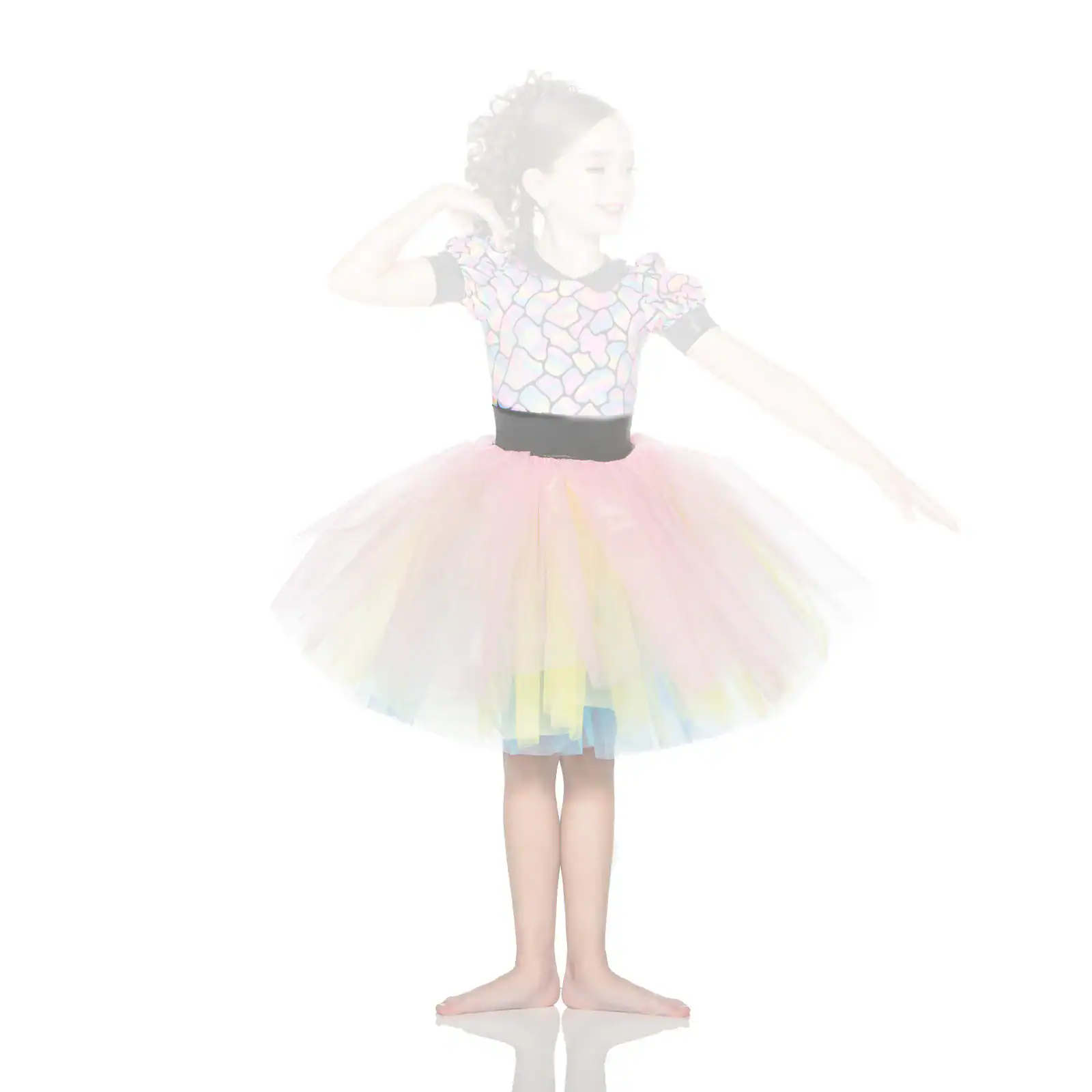 Girl wearing colorful tutu and patterned dance costume
