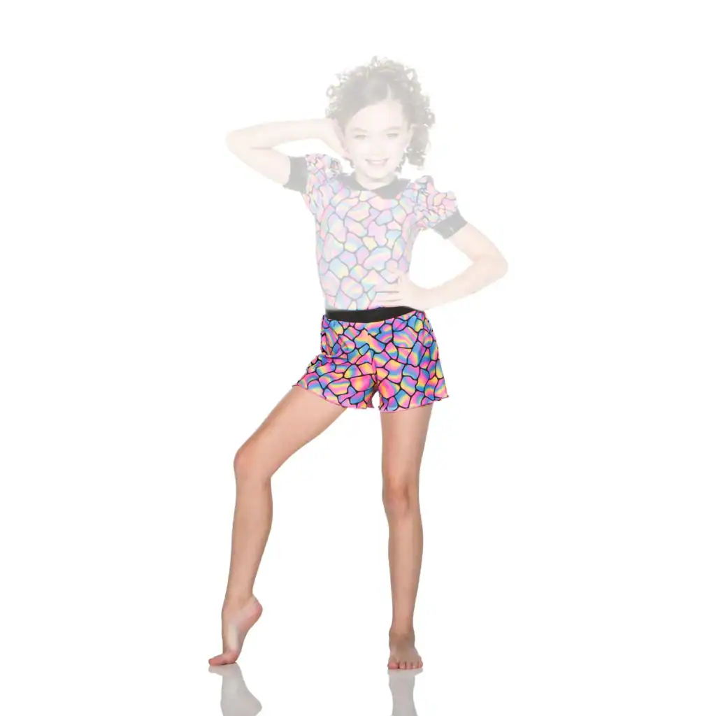 Girl posing in colorful patterned dance outfit