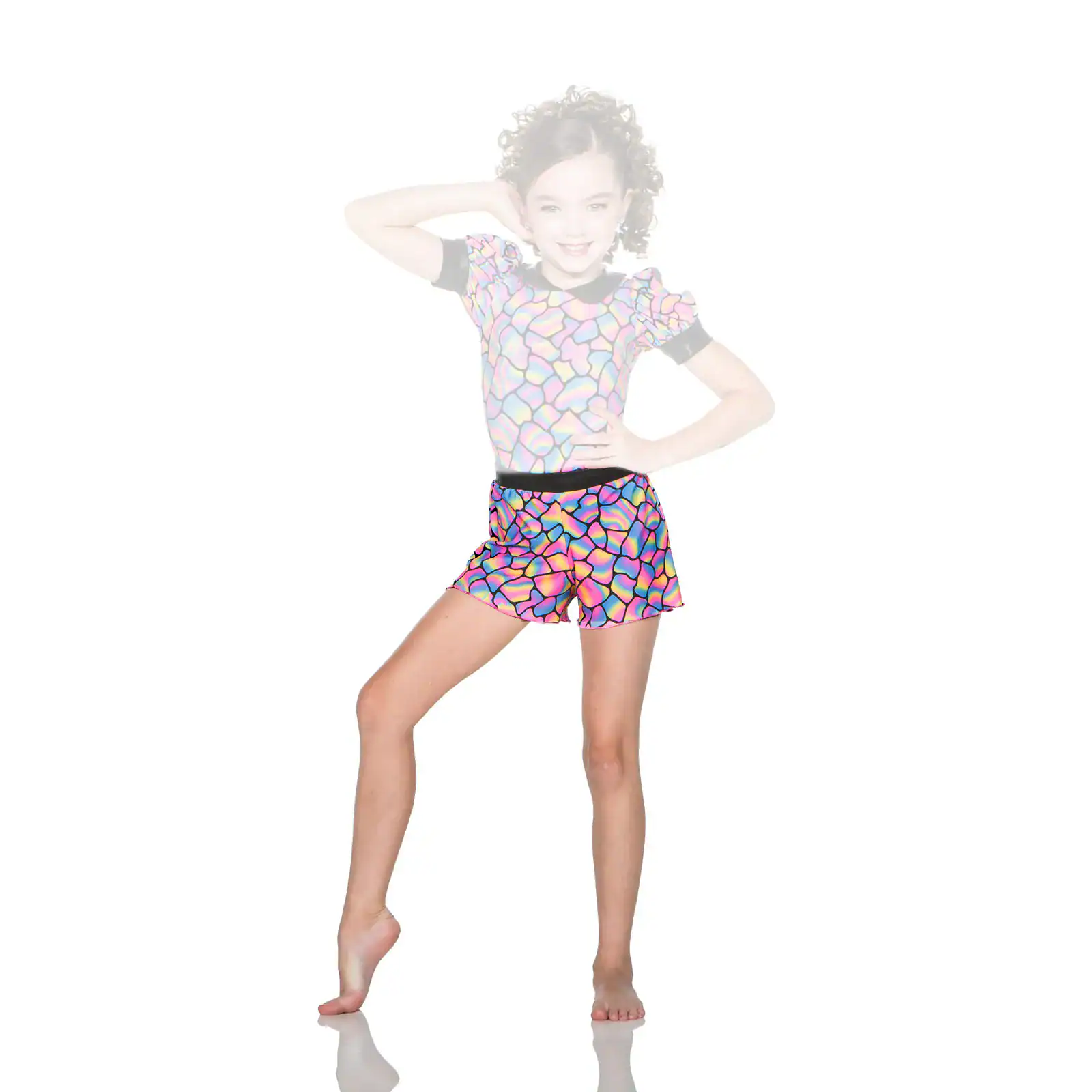 Girl posing in colorful patterned dance outfit