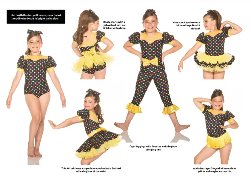 Girl models colorful polka-dot dance costume with yellow accessories