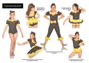 Girl models colorful polka-dot dance costume with yellow accessories