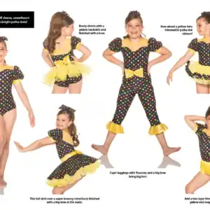 Girl models colorful polka-dot dance costume with yellow accessories