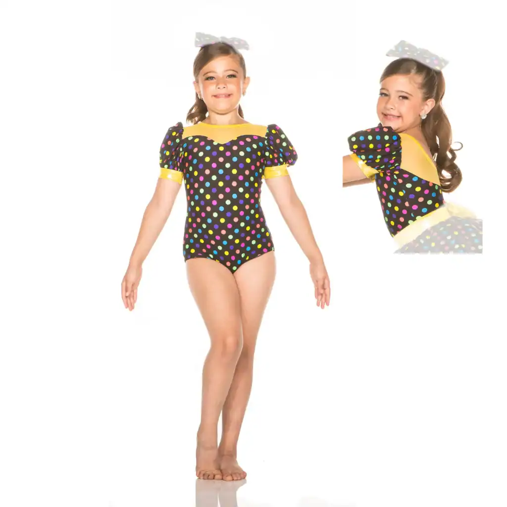 Girl modeling black polka-dot dance leotard with yellow trim