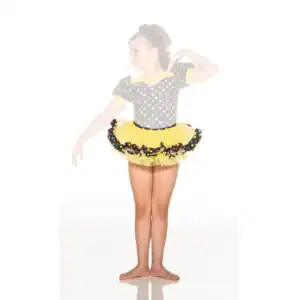 Young dancer in polka-dot leotard and yellow tutu