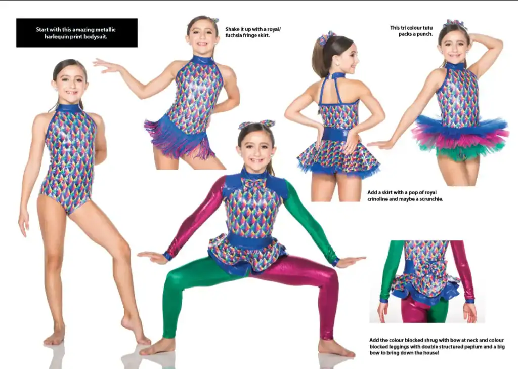 Girl modeling colorful harlequin dance costume with skirts and leggings.