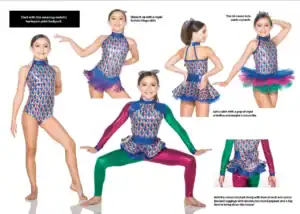 Girl modeling colorful harlequin dance costume with skirts and leggings.
