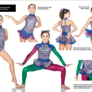 Girl modeling colorful harlequin dance costume with skirts and leggings.