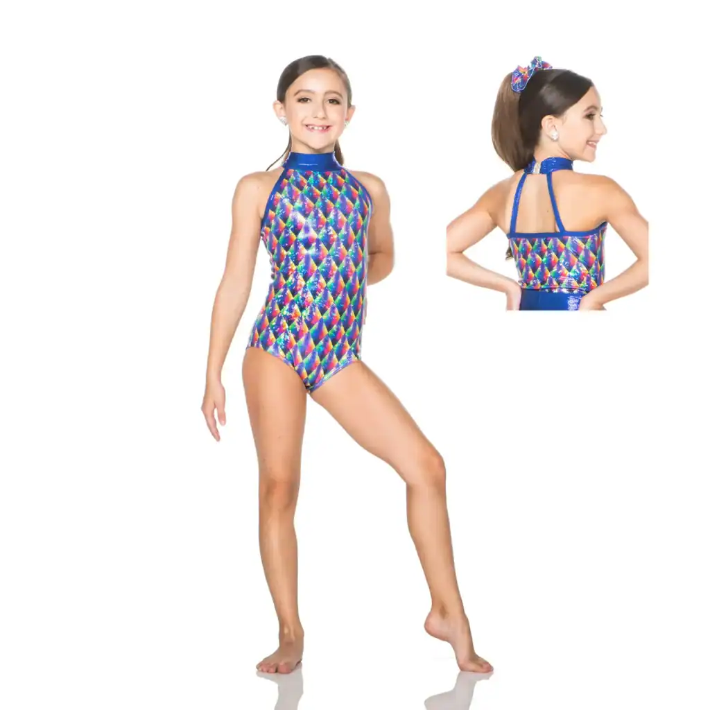 Girl modeling colorful geometric dance leotard, front and back views
