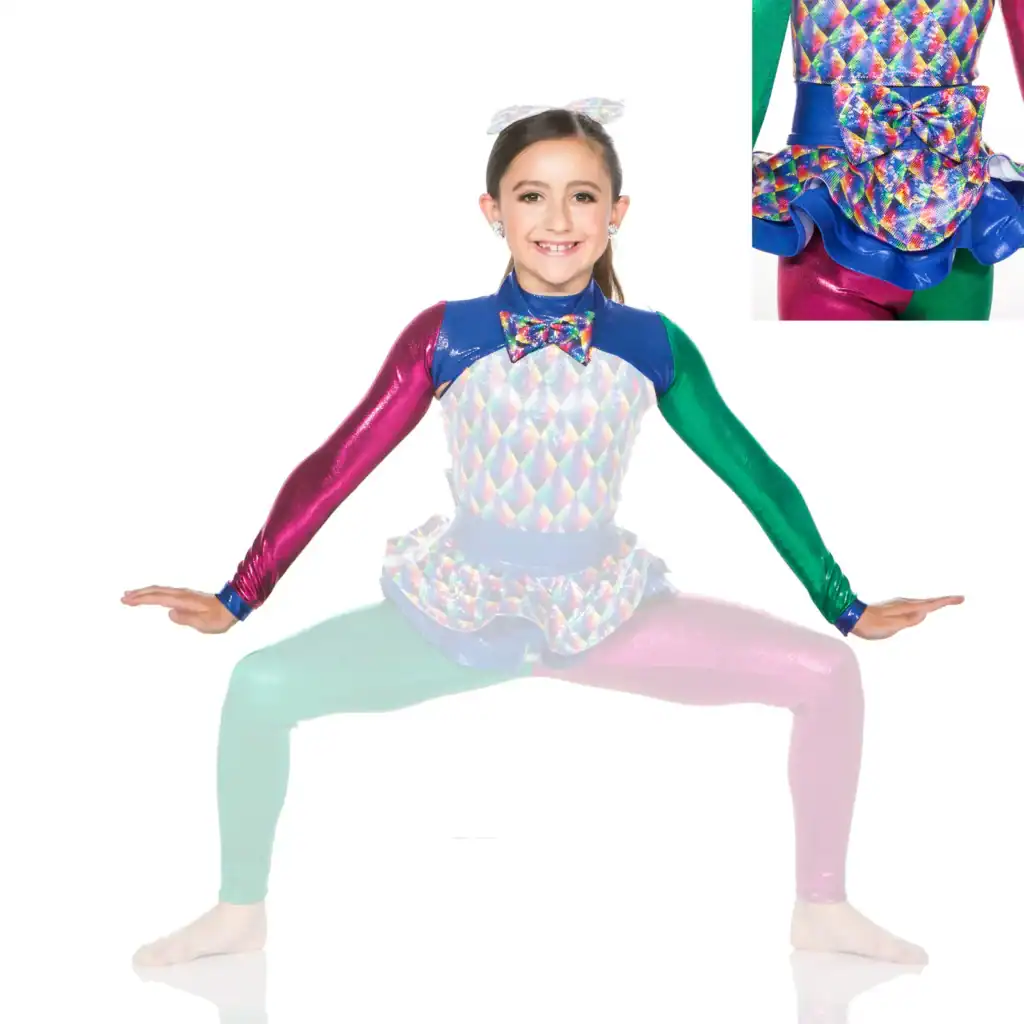 Girl in colorful gymnast costume performing a wide squat