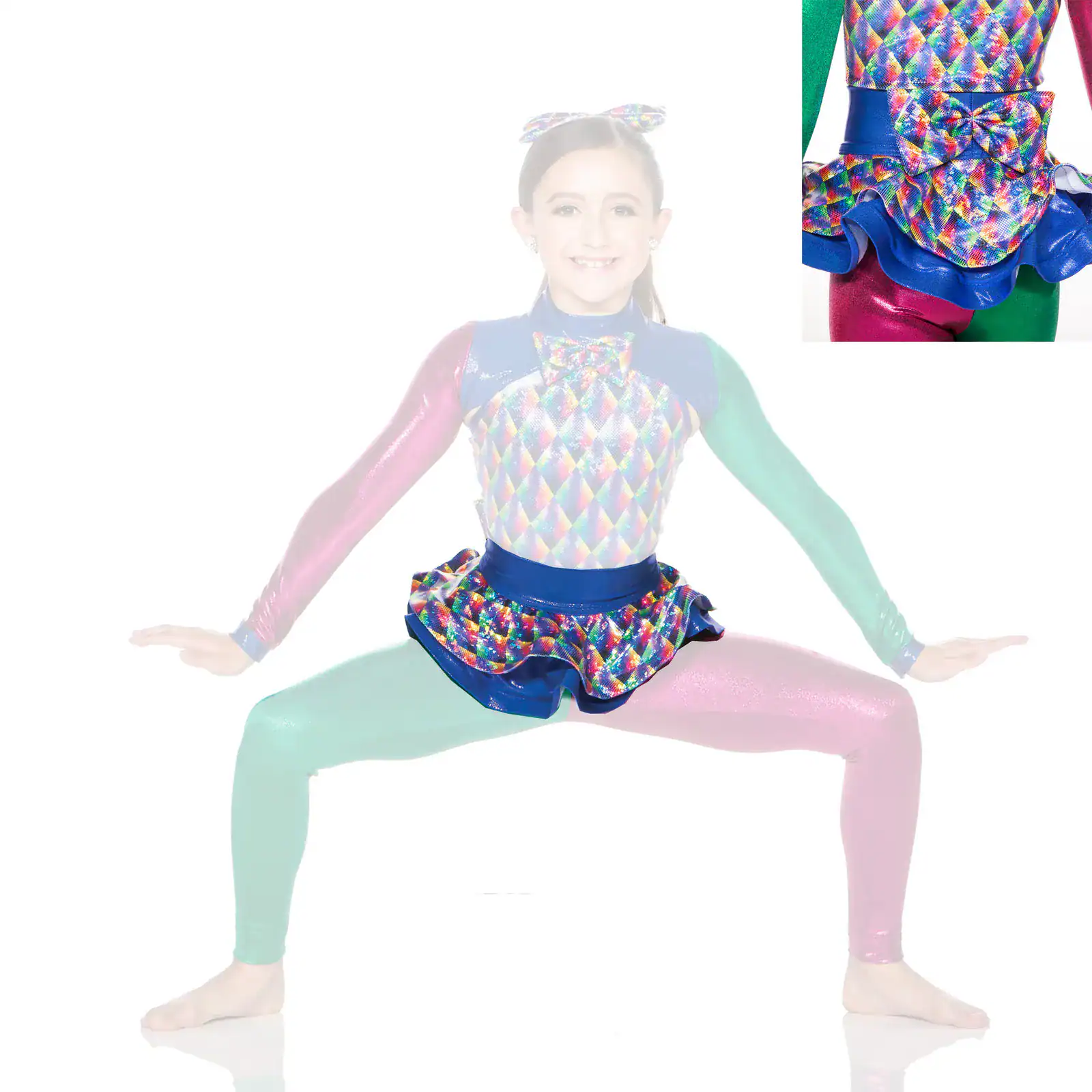 Young gymnast in colorful diamond-patterned leotard performing a split
