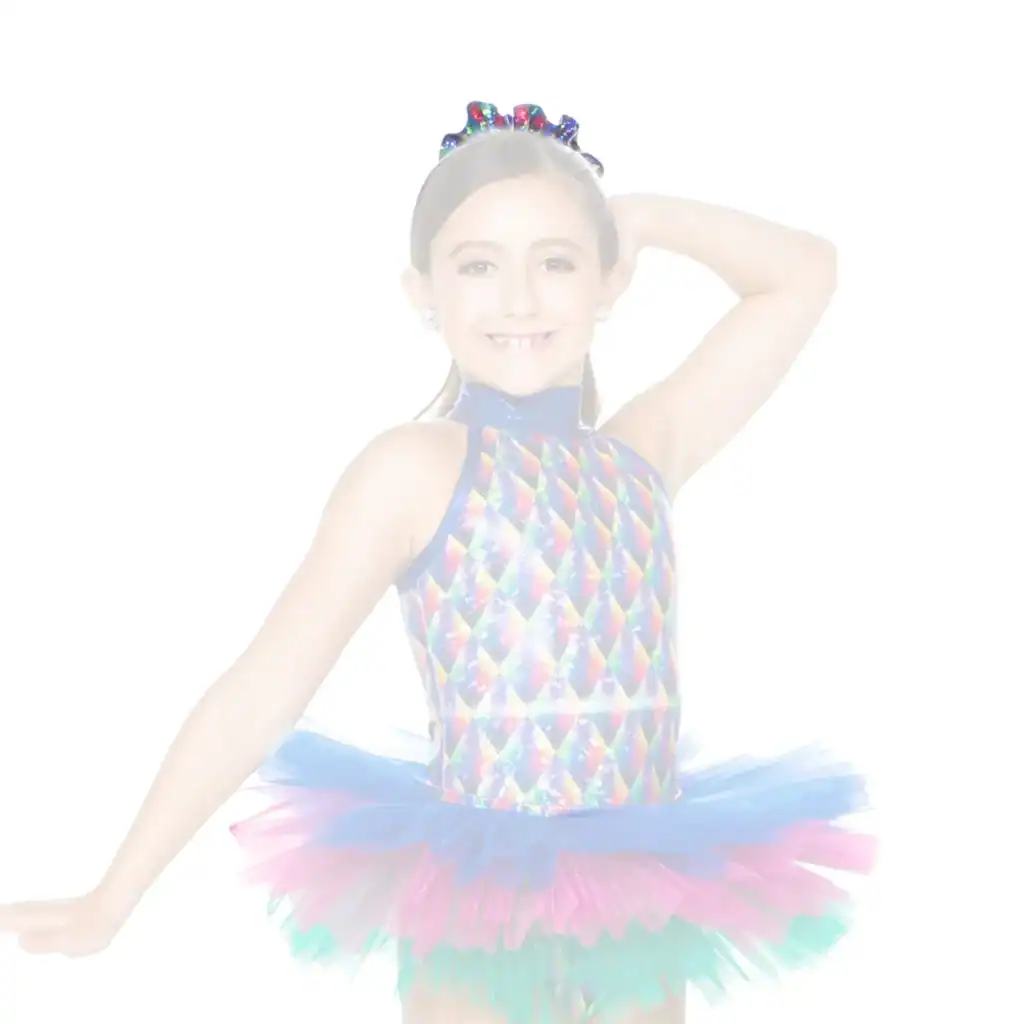 Young dancer in colorful costume posing against white background