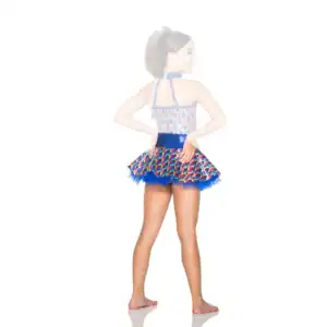 Girl wearing a colorful holographic dance costume, back view