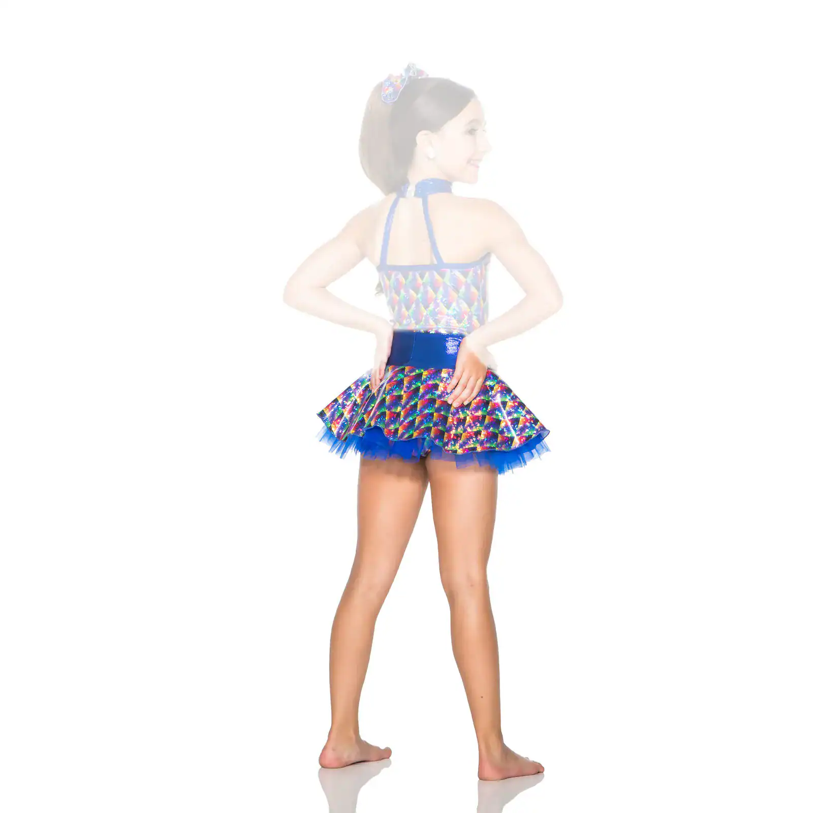 Girl wearing a colorful holographic dance costume, back view