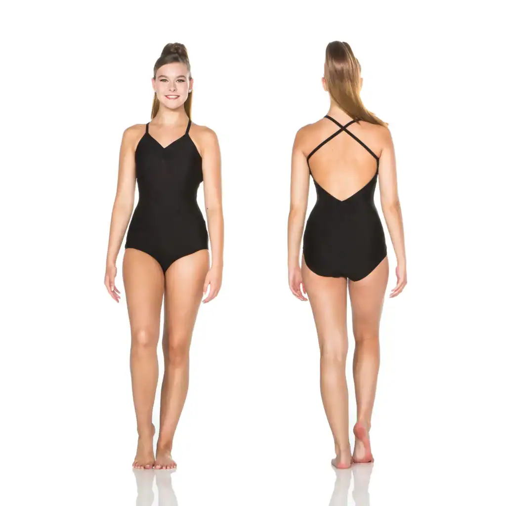 Front and back views of black crisscross-back one-piece swimsuit