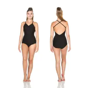 Front and back views of black crisscross-back one-piece swimsuit