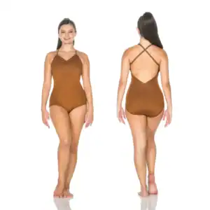 Front and back views of brown halter leotard