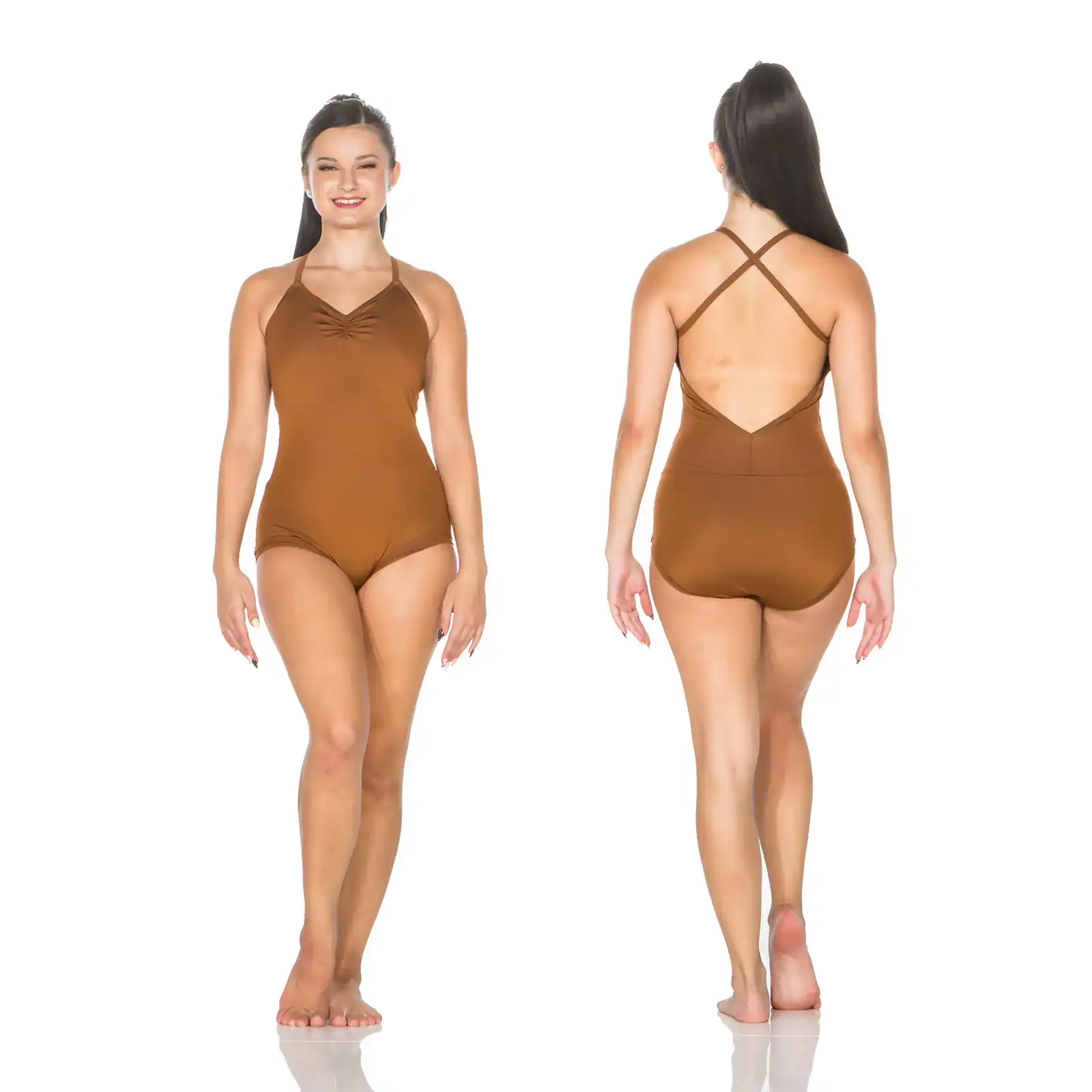 Front and back views of brown halter leotard