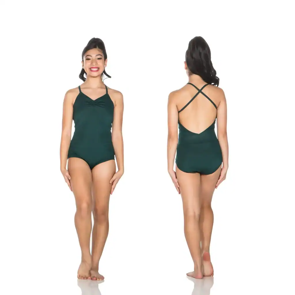 Front and back views of dark green cross-back leotard