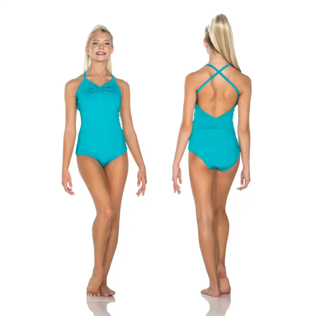 Front and back views of turquoise crisscross-back one-piece swimsuit