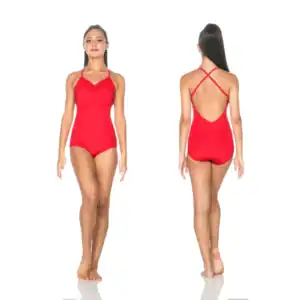 Front and back views of red crisscross-back leotard